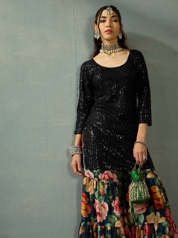 Women Black Sequence Short Kurta With Sharara Pants Relaxed Linen Pants