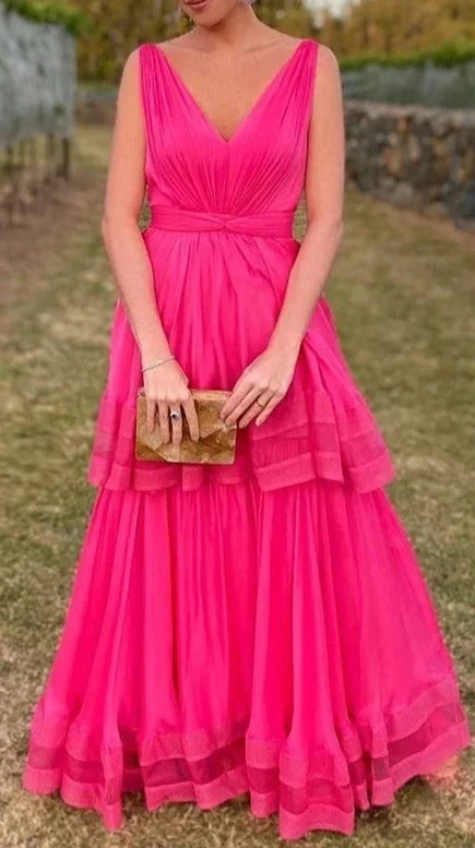 Hot Pink V-Neck A-Line Chiffon Two Layers Evening Dresses Long Prom Dresses Tunics Vintage classic