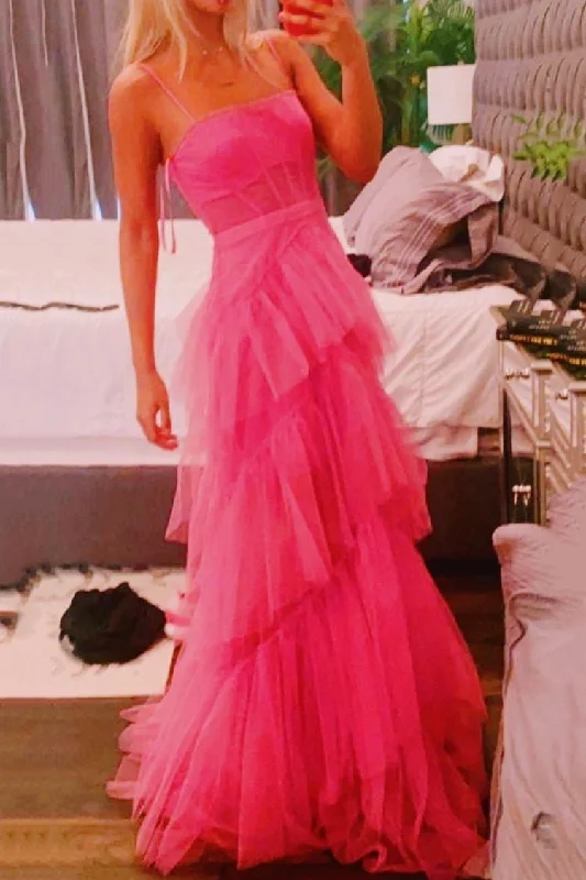 Fashion Hot Pink Layered Ruffles Evening Gown A Line Tulle Long Prom Dresses Tunics Running lightweight