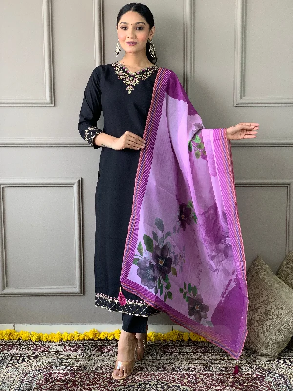 Women V Neck Embroidered Work Chanderi Cotton Fabric Kurta & Pant With Dupatta Set Elegant High-Waist Pants Women V Neck Embroidered Work Chanderi Cotton Fabric Kurta & Pant With Dupatta Set Elegant High-Waist Pants