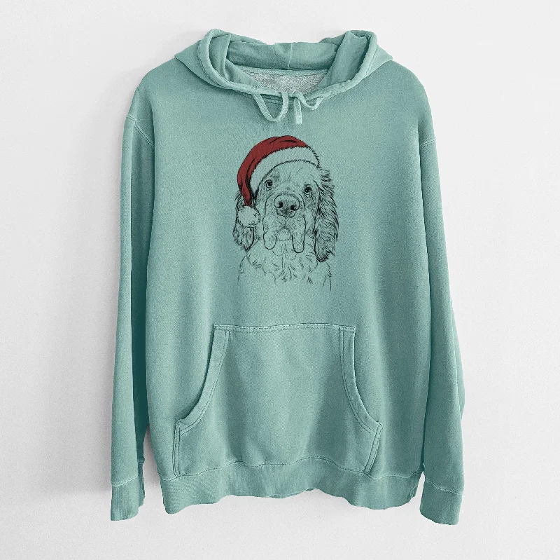 Santa Hat Sully the Clumber Spaniel - Unisex Pigment Dyed Hoodie Hoodie with Tied Waist Feminine Flattering