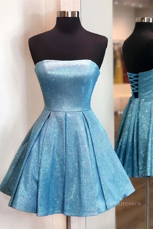 Shiny Strapless Blue Short Prom Dresses, Open Back Blue Homecoming Dresses, Blue Formal Evening Dresses Tunics Timeless classic Shiny Strapless Blue Short Prom Dresses, Open Back Blue Homecoming Dresses, Blue Formal Evening Dresses Tunics Timeless classic