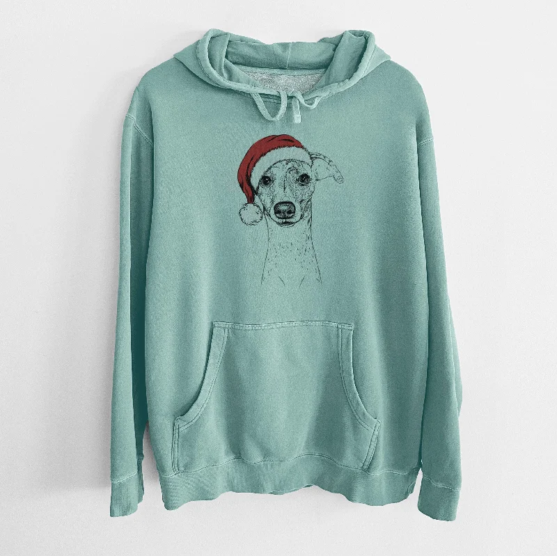 Santa Hat Twiggy the Whippet - Unisex Pigment Dyed Hoodie Hoodie with Hem Frayed Vintage Worn