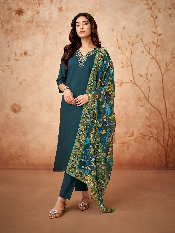 Women V Neck Embroidered Work Cotton Silk Fabric Kurta & Pant With Dupatta Set Elegant Silk Pants