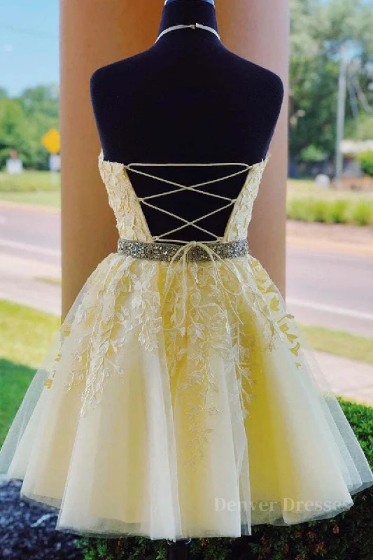 Halter Neck Backless Short Yellow Lace Prom Dress, Yellow Lace Formal Graduation Homecoming Dress Tunics Custom made