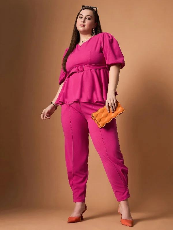 Women Fuchsia Solid Peplum Top With Straight Pants High-Waist Yoga Pants