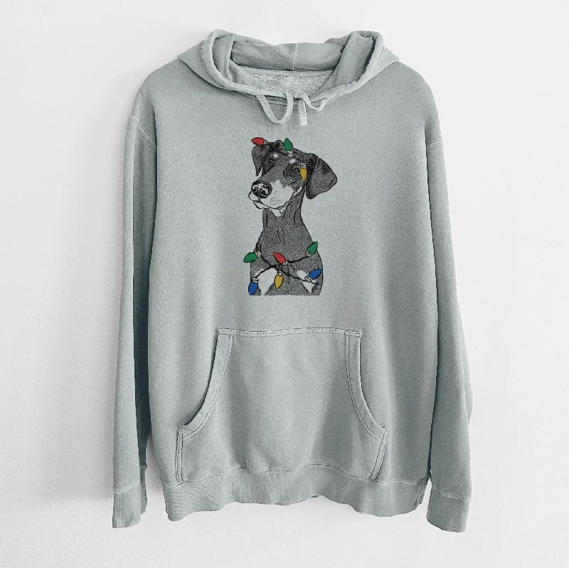 Christmas Lights Iroh the Doberman Pinscher - Unisex Pigment Dyed Hoodie Hoodie with Metallic Shiny Futuristic