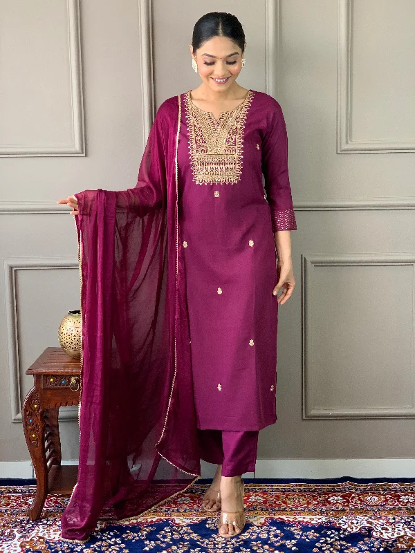 Women V Neck Embroidered Work Rayon Slub Fabric Kurta & Pant With Dupatta Set Wide-Legged Palazzos Women V Neck Embroidered Work Rayon Slub Fabric Kurta & Pant With Dupatta Set Wide-Legged Palazzos