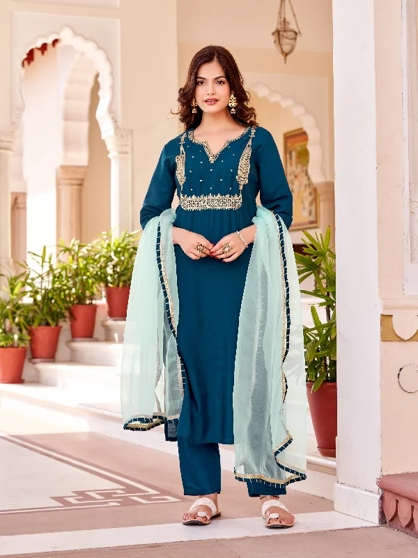 Women V Neck Embroidered Work Silk Fabric Kurta & Pant With Dupatta Set Stylish Elastic Waist Pants Women V Neck Embroidered Work Silk Fabric Kurta & Pant With Dupatta Set Stylish Elastic Waist Pants