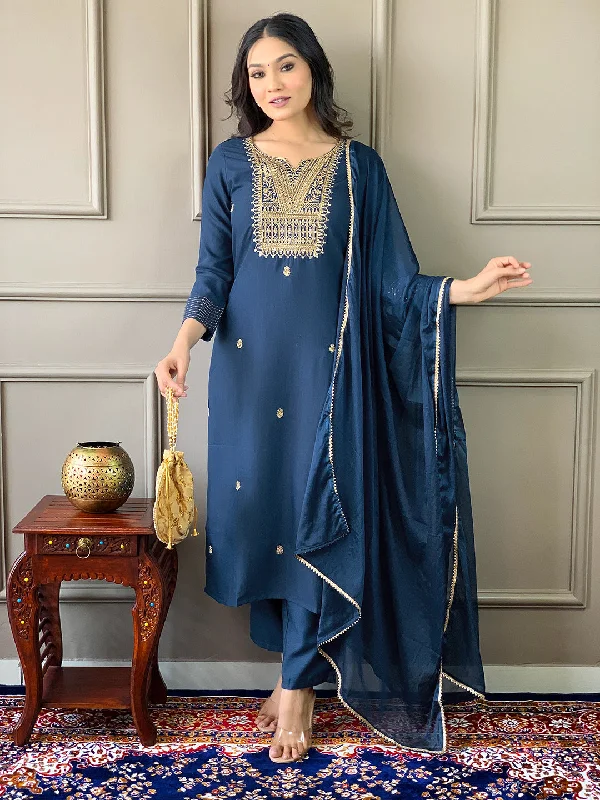 Women V Neck Embroidered Work Rayon Slub Fabric Kurta & Pant With Dupatta Set Soft Wool Pants Women V Neck Embroidered Work Rayon Slub Fabric Kurta & Pant With Dupatta Set Soft Wool Pants