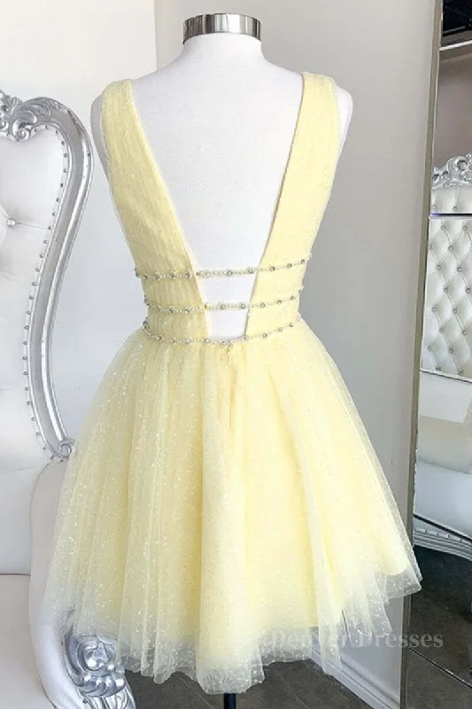 Shiny V Neck Open Back Yellow Tulle Short Prom Dress, V Neck Yellow Formal Graduation Homecoming Dress Tunics Sophisticated sleek Shiny V Neck Open Back Yellow Tulle Short Prom Dress, V Neck Yellow Formal Graduation Homecoming Dress Tunics Sophisticated sleek