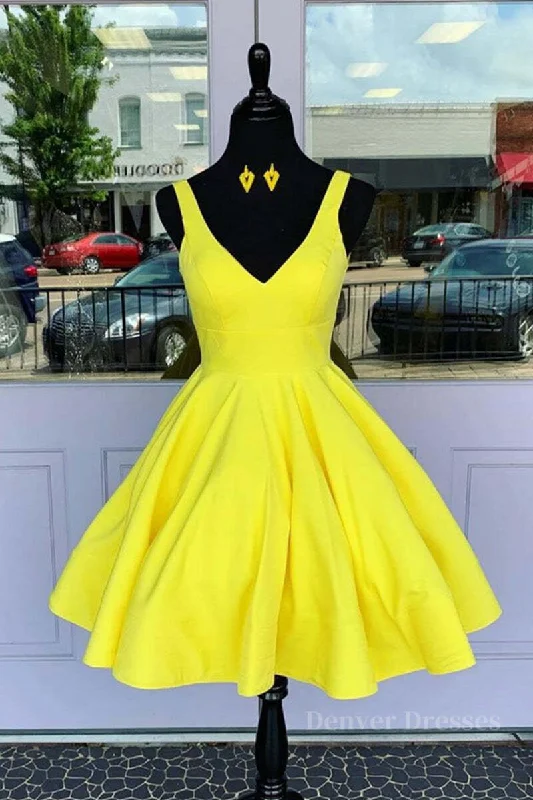 Simple V Neck Yellow Short Prom Dress, V Neck Yellow Homecoming Dress, Yellow Graduation Formal Evening Dress Boat Neckline Classic Simple V Neck Yellow Short Prom Dress, V Neck Yellow Homecoming Dress, Yellow Graduation Formal Evening Dress Boat Neckline Classic