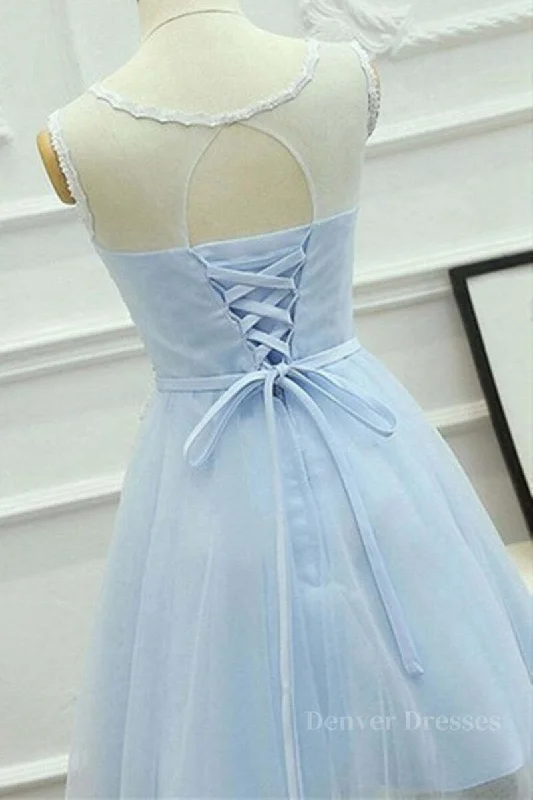 A Line Round Neck Lace Blue Short Prom Dress, Short Blue Lace Formal Graduation Homecoming Dress Tunics Versatile stylish A Line Round Neck Lace Blue Short Prom Dress, Short Blue Lace Formal Graduation Homecoming Dress Tunics Versatile stylish