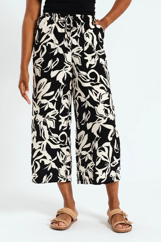 Printed Pull On Linen Capri Pants - Black/Beige Chic Checkered Pants
