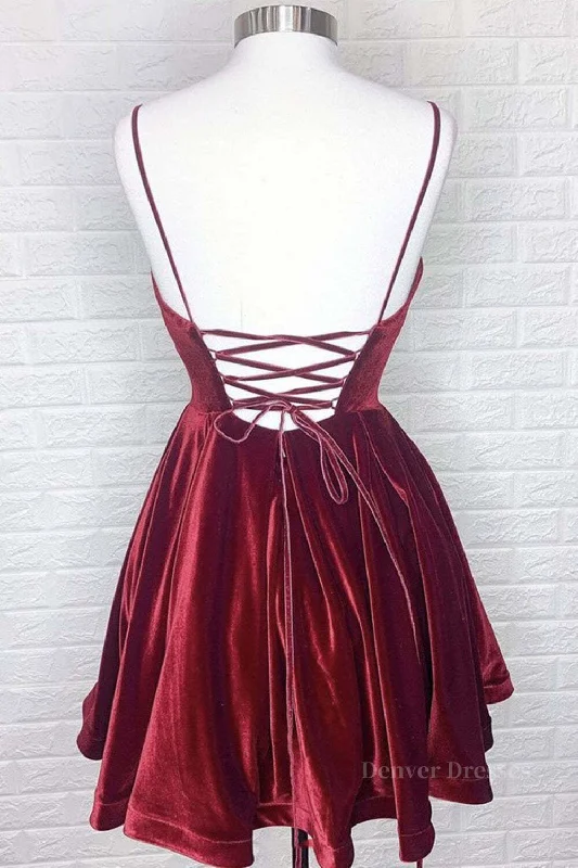 Cute V Neck Backless Burgundy Velvet Short Prom Homecoming Dress, Backless Maroon Formal Graduation Evening Dress Tunics Fashionable chic Cute V Neck Backless Burgundy Velvet Short Prom Homecoming Dress, Backless Maroon Formal Graduation Evening Dress Tunics Fashionable chic