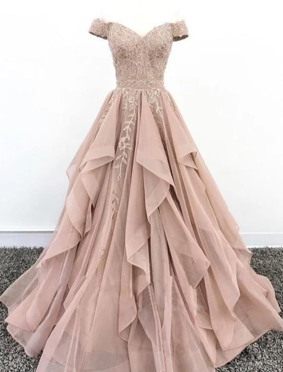 Off Shoulder Dusty Champagne Lace Cheap Long Evening Prom Dresses, Evening Party Prom Dresses Tunics Mesh breathable
