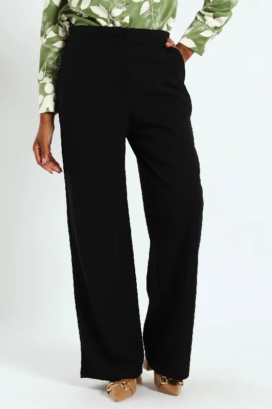Narrow Waistband Wideleg Pant - Black Chic Wool Trousers