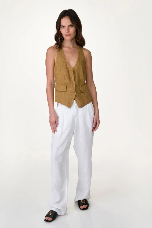 White Washed Linen Pleated Front Pants Classic Stretch Pants