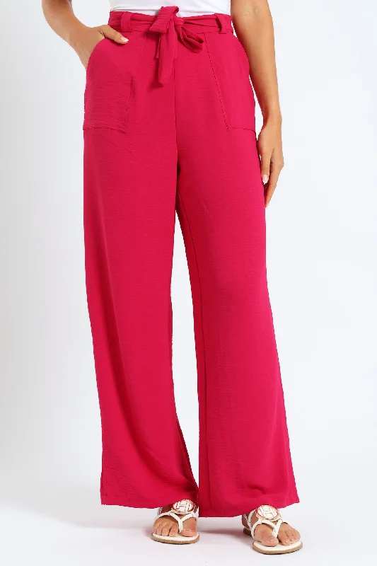 Pull-On Wideleg Pants With Mock Belt - Dark Pink Comfortable Jogger Trousers