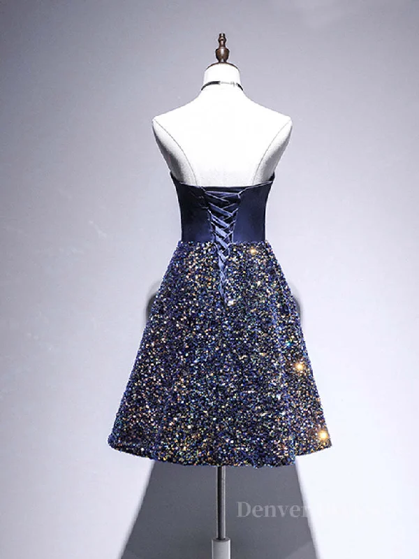 Dark Blue A-Line Sequin Lace Short Prom Dress, Cute Blue Homecoming Dress Tunics Bridal satin Dark Blue A-Line Sequin Lace Short Prom Dress, Cute Blue Homecoming Dress Tunics Bridal satin
