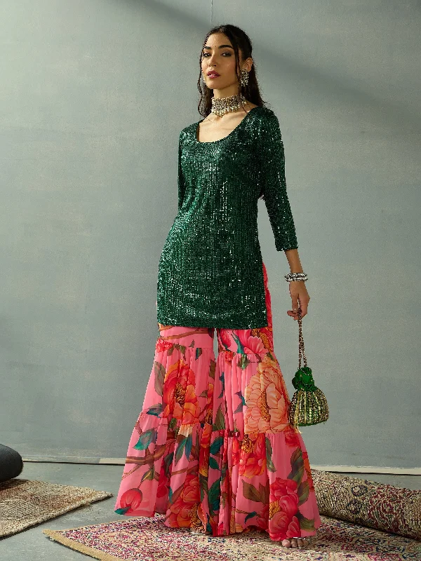 Women Green Sequence Short Kurta With Sharara Pants Formal Linen Trousers