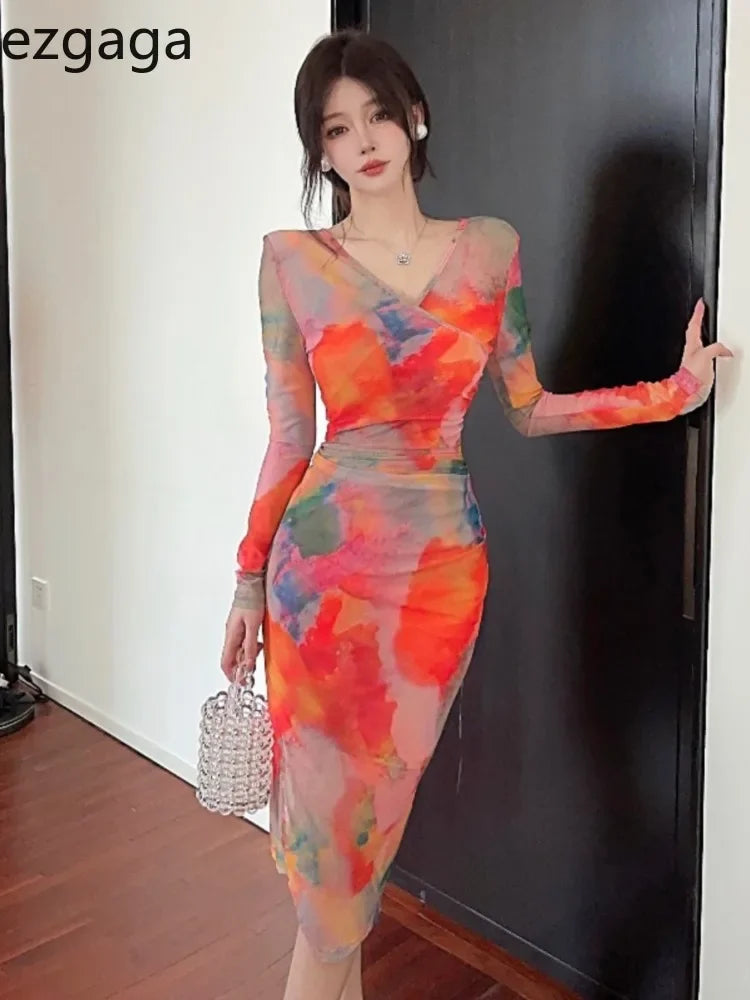 Yipinpay Fashion Sexy Woman Dress Oil Painting Blooming Autumn Winter Slim Elegant Long Sleeve V Neck Vintage Dresses Chic Tunics Brand named Yipinpay Fashion Sexy Woman Dress Oil Painting Blooming Autumn Winter Slim Elegant Long Sleeve V Neck Vintage Dresses Chic Tunics Brand named