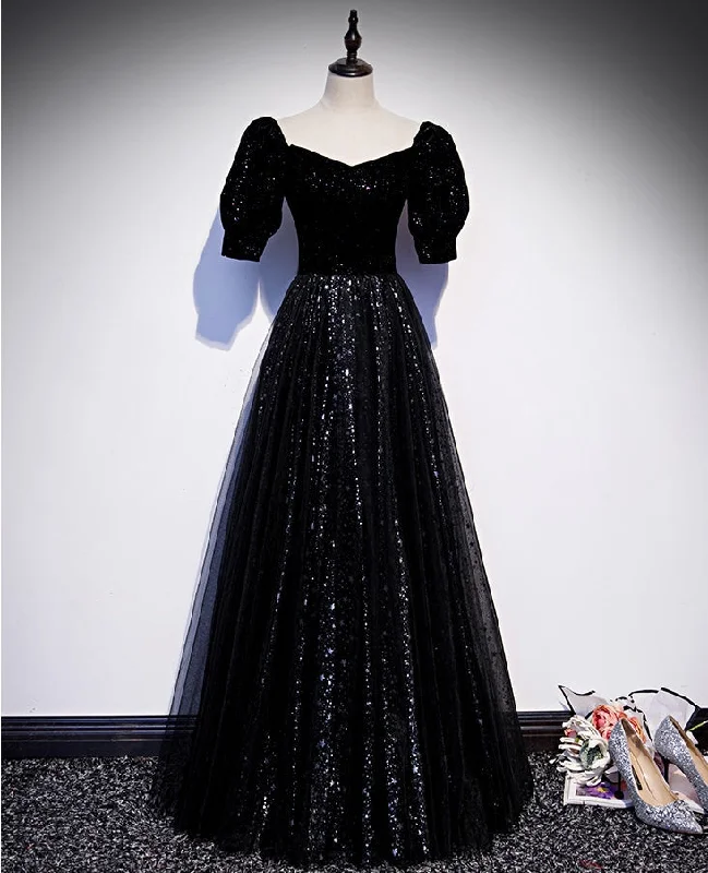 Modest Sparkly Black Long A-line Prom Dresses With Sleeves Evening Gowns Tunics Business professional