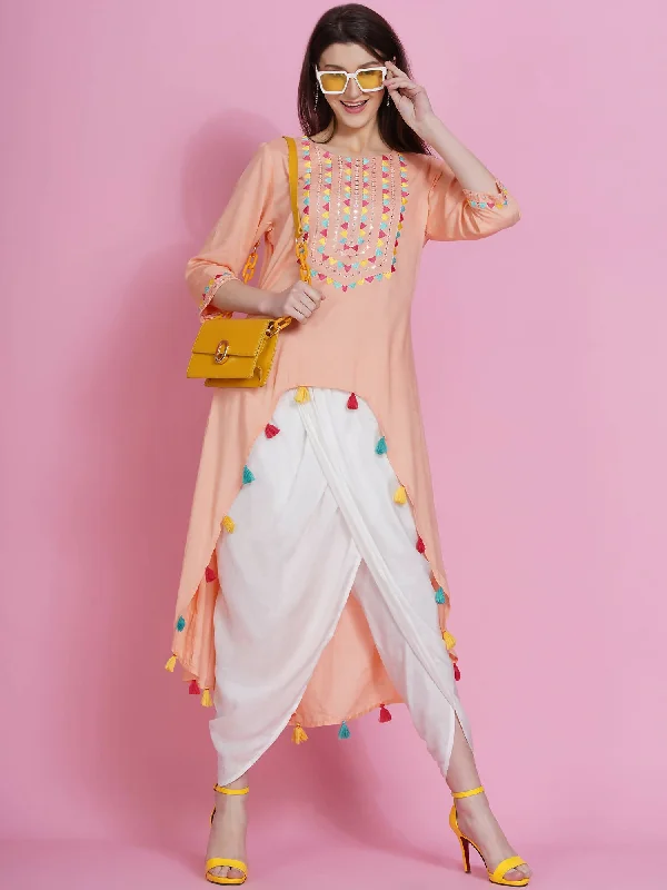 Women Republic Peach Rayon Embroidered Kurta With Mirror Work And Tulip Pants Soft Wool Pants