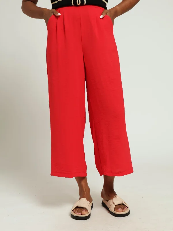 Pull On Pleat Front Wideleg Capri Pants - Red Trendy Palazzo Pants