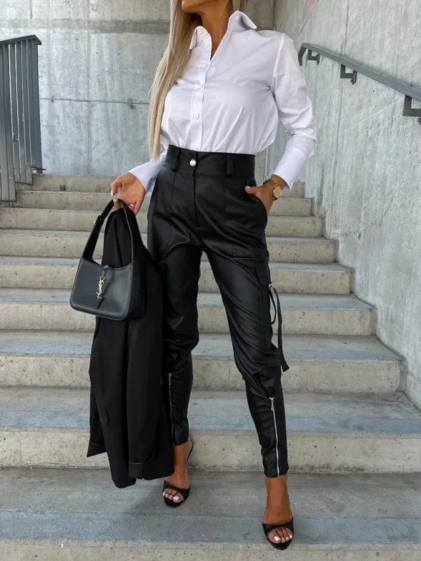 Women's Fashion Slim Fit PU Leather Waist Leg Pants Pockets Comfy Athletic Pants