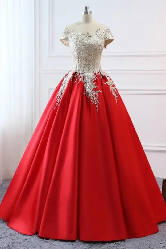 Modest Red Cap Sleeves Ball Gowns Lace Satin Prom Dresses Evening Dresses Tunics Party sparkling