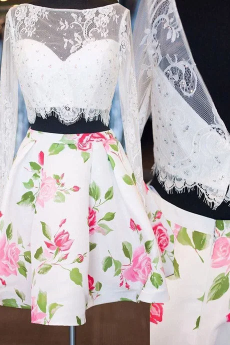 Two-piece Bateau Long Sleeves Above-knee Floral Print Satin White Lace Homecoming Dress With Beading Square Neckline Feminine Two-piece Bateau Long Sleeves Above-knee Floral Print Satin White Lace Homecoming Dress With Beading Square Neckline Feminine