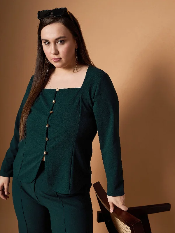 Women Emerald Green Front Button Top With Straight Pants Comfortable Pleated Pants