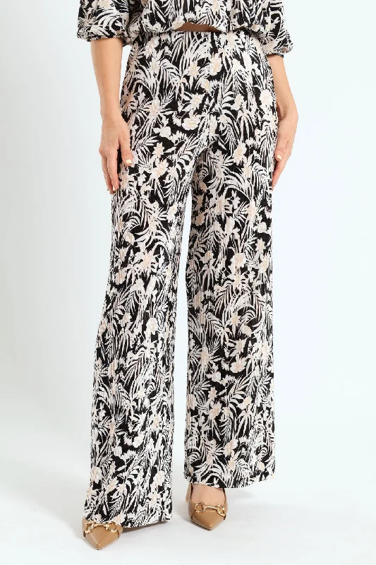 Plisse Straight Leg Pant - Black/Cream Fashionable Button-Up Pants