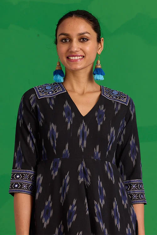 Okhai “Nilgiri” Hand-Embroidered and Mirror work Ikkat Pure Cotton Dress Tunics Ceremony elegant Okhai “Nilgiri” Hand-Embroidered and Mirror work Ikkat Pure Cotton Dress Tunics Ceremony elegant