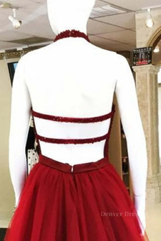 Halter Neck Open Back Beaded Burgundy Prom Dress, Backless Burgundy Homecoming Dress, Short Burgundy Formal Evening Dress Floral Print girly Halter Neck Open Back Beaded Burgundy Prom Dress, Backless Burgundy Homecoming Dress, Short Burgundy Formal Evening Dress Floral Print girly