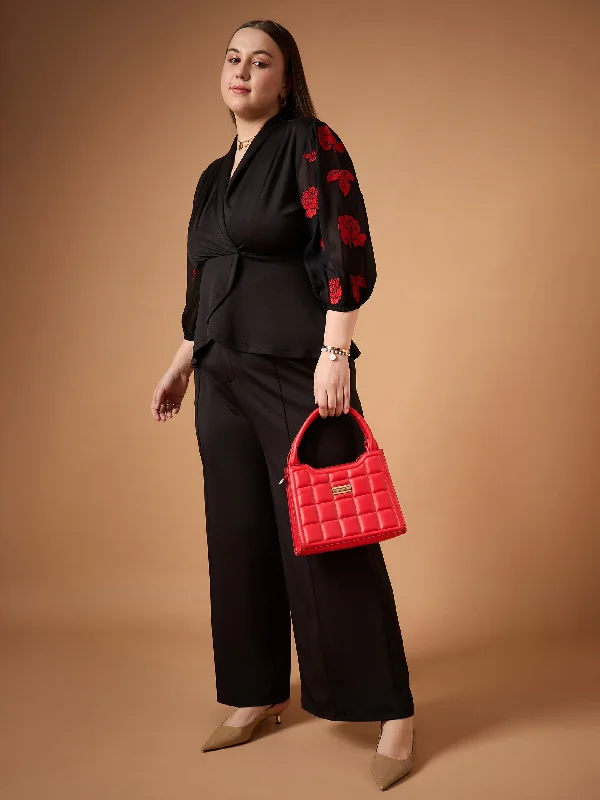 Women Black Embroidery Sleeves Top With Straight Pants Cozy Fitted Pants