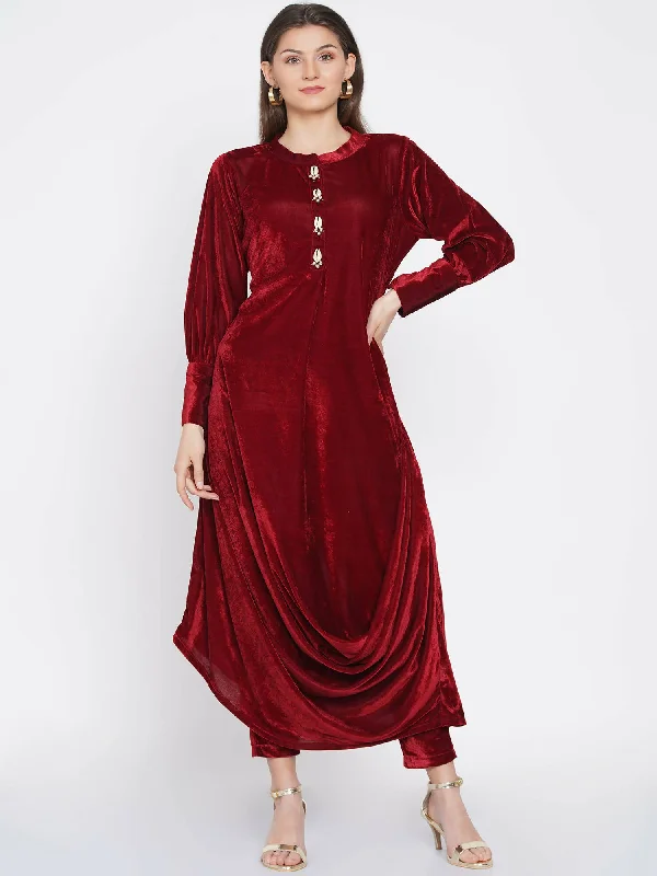 Women Republic Maroon Velvet Cowl Style Kurta With Pants Soft Sweatpants Style