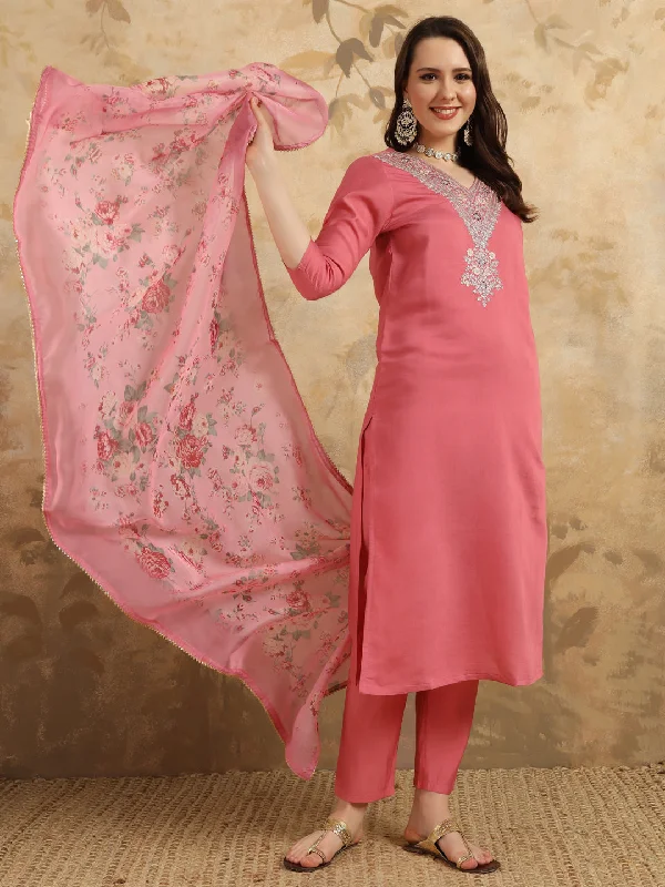 Women V Neck Embroidered Work Chanderi Fabric Kurta & Pant With Dupatta Set Sleek Black Pants Women V Neck Embroidered Work Chanderi Fabric Kurta & Pant With Dupatta Set Sleek Black Pants