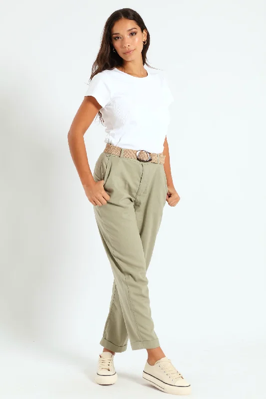 Rafia Belted Tapered Leg Linen Pant - Light Fatigue Cozy Full-Length Pants