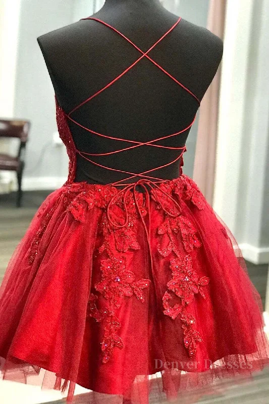 A Line V Neck Backless Lace Red Short Prom Dress Homecoming Dress, Backless Red Lace Formal Graduation Evening Dress Cowl Neckline Elegant A Line V Neck Backless Lace Red Short Prom Dress Homecoming Dress, Backless Red Lace Formal Graduation Evening Dress Cowl Neckline Elegant