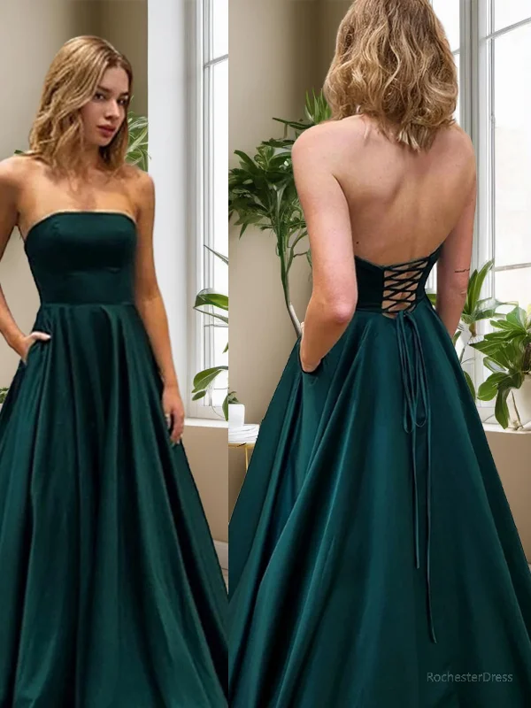 A-Line/Princess Strapless Sweep Train Satin Evening Dresses With Pockets empire Waist empire A-Line/Princess Strapless Sweep Train Satin Evening Dresses With Pockets empire Waist empire