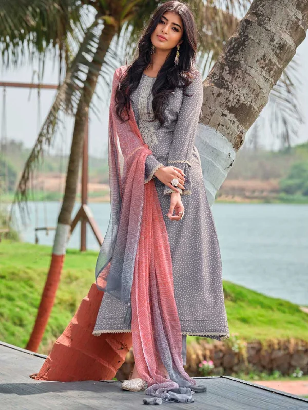 Pure Lawn Cotton Unstitched Women Suit Dress Material Grey Tunics Polka dots