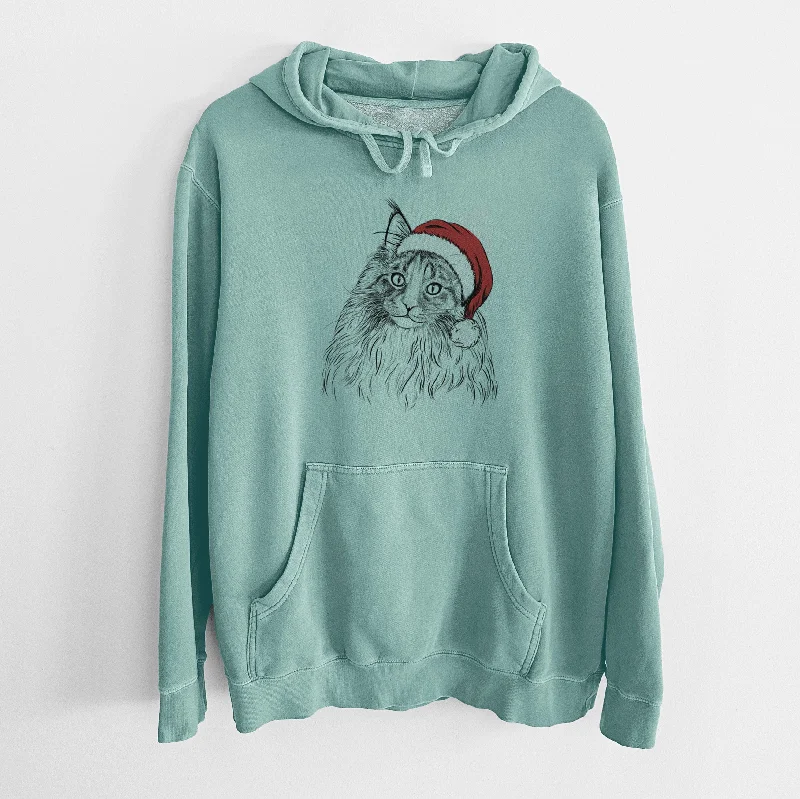 Santa Hat Kiki the Maine Coon Cat - Unisex Pigment Dyed Hoodie Hoodie with Magnetic Closure Innovative Modern
