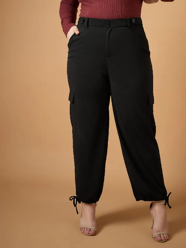 Women Black Solid Pull Hem Cargo Pants Stylish Paperbag Waist Pants