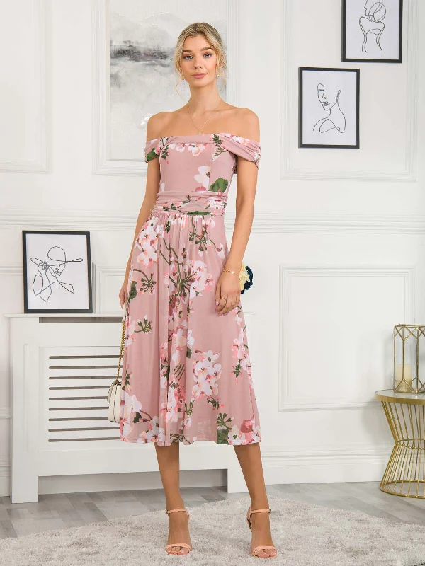 Rawiya Bardot Neck Mesh Dress, Pink Floral Tunics Trousers formal