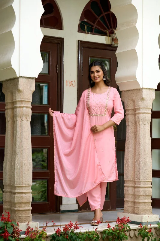 Women Round Neck Embroidered Work Rayon Slub Fabric Kurta Pant Set Comes With Chinnon Dupatta Trendy Tapered Pants Women Round Neck Embroidered Work Rayon Slub Fabric Kurta Pant Set Comes With Chinnon Dupatta Trendy Tapered Pants