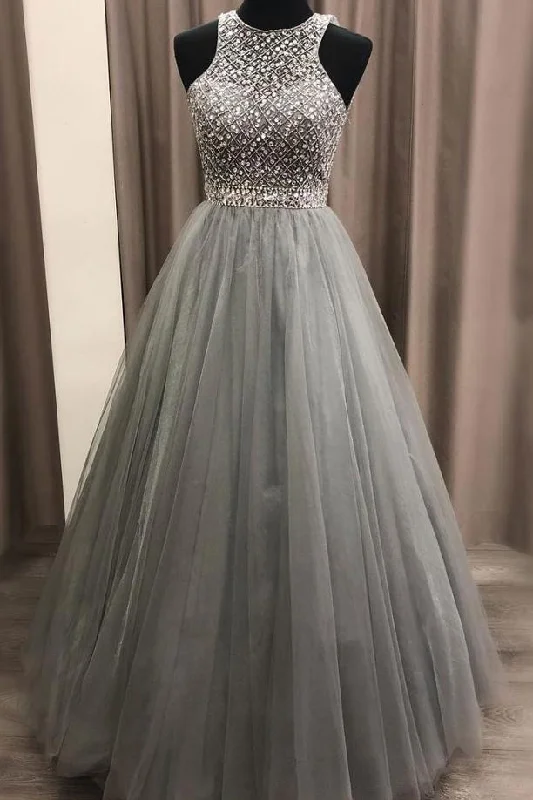 Gorgeous c A-line Scoop Beaded Long Prom Dresses Evening Gowns Crew Neckline Casual