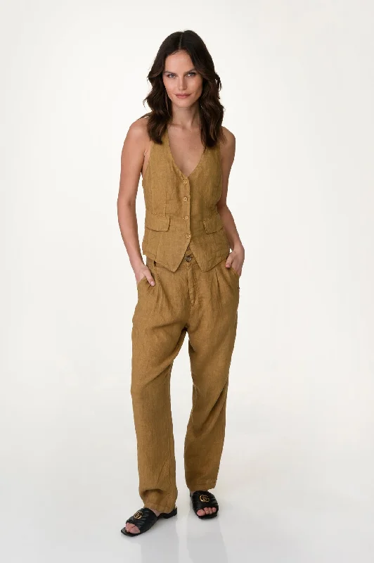 Brown Washed Linen Pleated Front Pants Stylish Elastic Waist Pants
