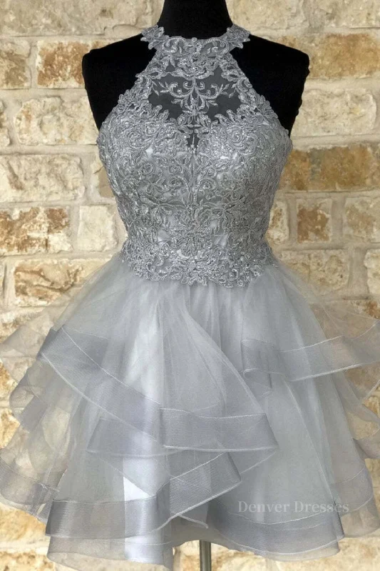 Gray Lace Short Prom Dresses, Fluffy Gray Lace Homecoming Dresses, Gray Formal Evening Dresses Tunics Chic fashionable Gray Lace Short Prom Dresses, Fluffy Gray Lace Homecoming Dresses, Gray Formal Evening Dresses Tunics Chic fashionable